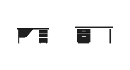 Simple black and white illustration of office desk and cabinet furniture