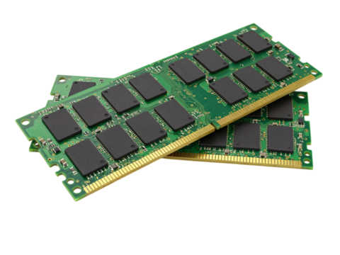 Close up of two computer random access memory ram modules with green circuit boards and black chips isolated on transparent background