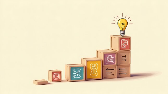 Design Thinking Process Stages Illustrated with Icons and Stacked Box Progression
