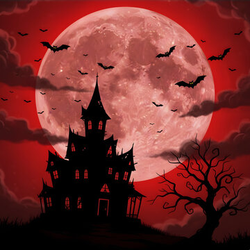 alloween haunted house,  spooky castle, halloween house, haunted house silhouette, halloween moon, red full moon, blood moon, 