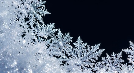 Fototapeta premium Closeup of intricate snowflakes forming a delicate border against a dark background, showcasing the beauty of winters icy creations