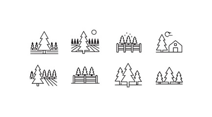 Collection of minimalist pine tree and rural building icons in a clean silhouette style