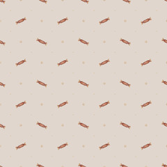 Pattern retro candies in red wrappers, stars, sweets, party treats. Watercolor illustration is hand drawn childish vintage style. Seamless print on beige background for textiles, packaging, wallpaper