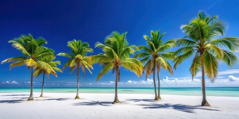 Fototapeta premium Palm trees standing alone against clear blue sky with white sandy beach