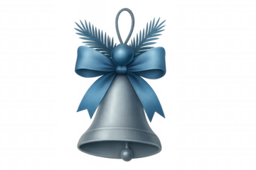 Christmas bell ornament decorating for holiday season with blue ribbon, pine needles, and transparent background