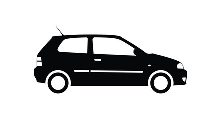 Simple black silhouette of a small hatchback car on a white background