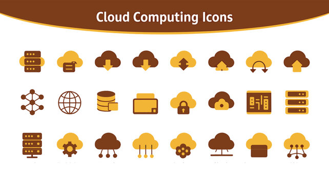Flat 2026 cloud computing icon set with servers, data transfer, and network symbols