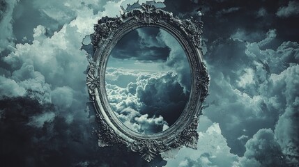 Fototapeta premium Mysterious Reflection in a Framed Mirror Above Clouds.