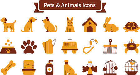 Obraz na płótnie Canvas Flat 2026 pets and animals icon set with dogs, cats, birds, and pet care symbols