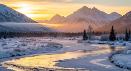 A winter landscape with a river flowing through a snowy valley and mountains at sunset time view