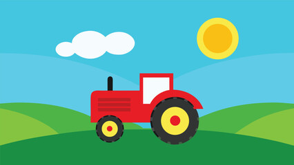 A simple red tractor on a green hill under a blue sky with a sun and cloud, isolated on white background, creating a clean agricultural scene