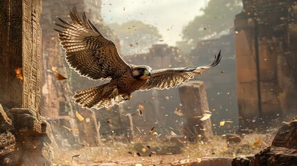 Majestic Eagle Soaring Over Ancient Ruins in a Fantasy Landscape.