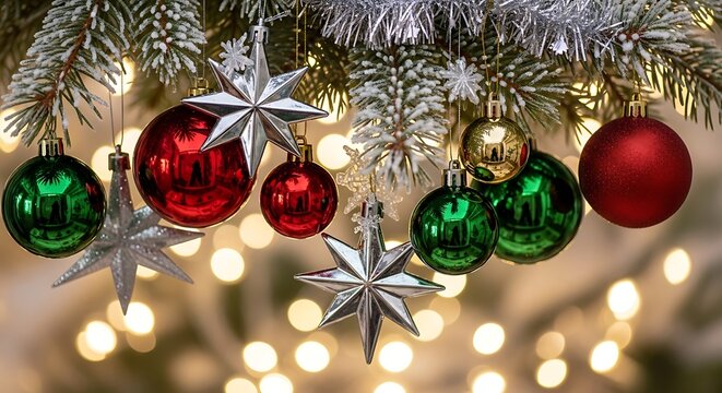 Festive christmas tree branch adorned with colorful ornaments and sparkling stars, creating a magical holiday atmosphere with bokeh lights in background