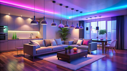 Smart lighting system with glowing bulbs changing colors futuristic design