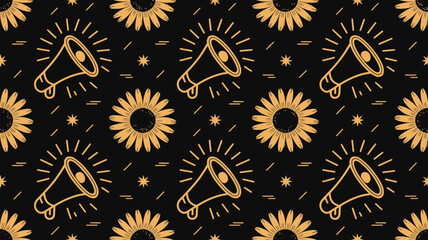 Pattern of sunflowers and megaphones on a black background with small stars and lines scattered around