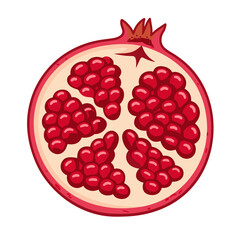 Vibrant Red Pomegranate Half Illustration with Juicy Arils on White Background