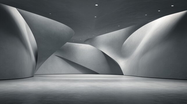 3d abstract wavy architecture background with minimal curved geometry design, flowing metallic structure and futuristic building concept, empty concrete floor for car presentation and modern backdrop