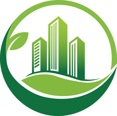 Green city logo concept with leaf and building for eco friendly business