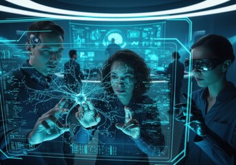 research team collaborates in futuristic lab, analyzing glowing neuron on holographic screen. neuroscience, innovation, and data analysis concept.