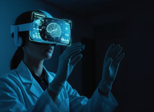 female neuroscientist in vr headset interacts with glowing blue interface showing brain scan. futuristic medicine and healthcare technology concept. web banner, presentation.