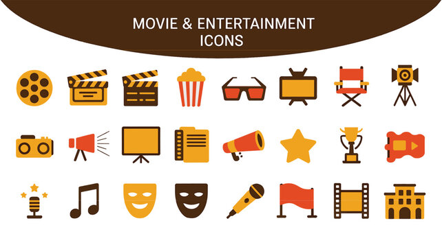 Vibrant 2026 movie and entertainment icon set with colorful film and media symbols - Powered by Adobe