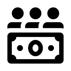 Three stylized people above a currency bill with a large circle in the center and dots on either side