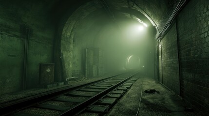 Dark, foggy railway tunnel with tracks leading to a distant light.