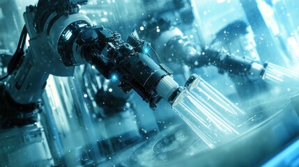 Robotic arms performing precision automated task in futuristic factory.