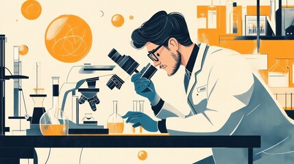 Scientist using microscope in lab, examining samples.