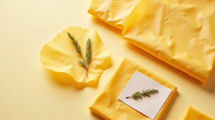 Yellow eco fabric wrap folded with green leaf inside for display