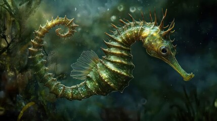 A detailed close-up of a green seahorse swimming amidst aquatic plants and bubbles, showcasing its intricate details and vibrant colors.