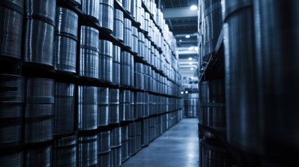 Rows of metal spools in a warehouse.