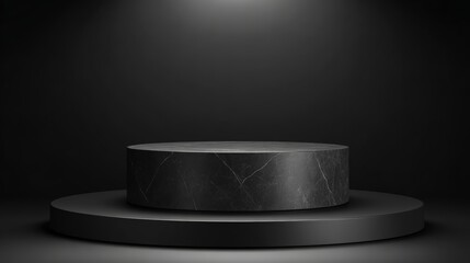 3D render of elegant low round marble pedestal on reflective black surface, smooth stone texture contrasting with dark background, modern minimalist composition for luxury product display