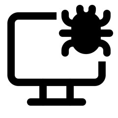 Black silhouette of a computer monitor with a bug or virus icon displayed on the screen of the monitor