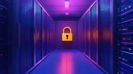 Cybersecurity server room with glowing padlock symbol.