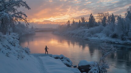 Person enjoys serene winter sunrise over snow-covered river and bridge.