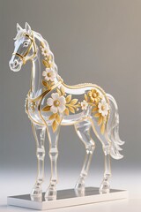 Fototapeta premium a Decorative glass horse with golden outlines, luxury floral design, white base