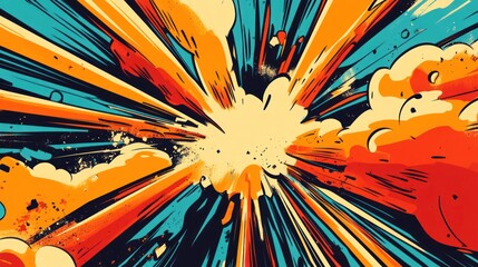 Vibrant comic book style explosion with radiating lines and color bursts.