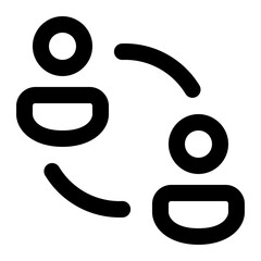 Two stylized figures connected by curved lines representing communication or interaction in simple black and white