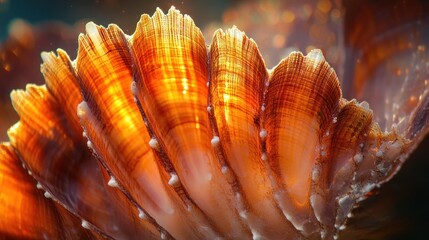 Close-up of an illuminated seashell with intricate texture and warm, orange hues.
