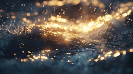 Golden light sparkles on dark water waves, creating a magical, abstract scene.