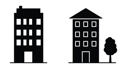 Simple black and white illustration of buildings and a small tree