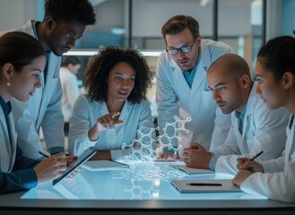 diverse team of scientists in high-tech lab studying holographic 3d molecule on interactive table. futuristic medicine, drug discovery, and healthcare innovation. scientific research.