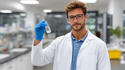 Scientific Precision: A focused scientist, clad in a pristine lab coat and protective gloves, carefully examines a vial of liquid, embodying the essence of scientific rigor in a professional setting.