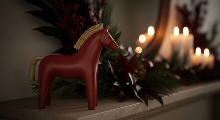 Red dalecarlian horse with golden mane and tail on a mantelpiece with lit candles and festive christmas greenery. Scandinavian folk art decoration for winter holidays.