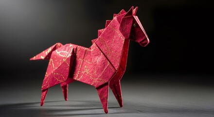 Red origami horse with golden specks, symbol of new year 2026. Traditional paper art for Christmas celebration and festive decoration.