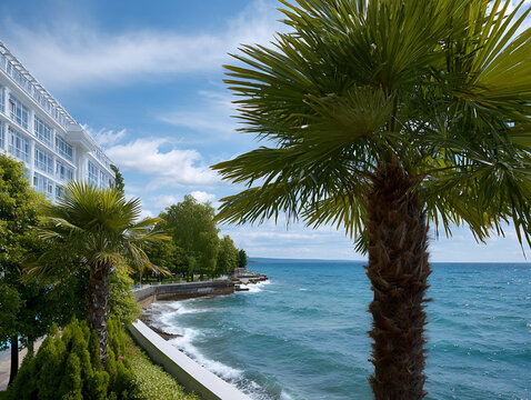 Seaside promenade lined with palm trees beside a white modern building, overlooking the deep blue sea under a partly cloudy sky. - Powered by Adobe