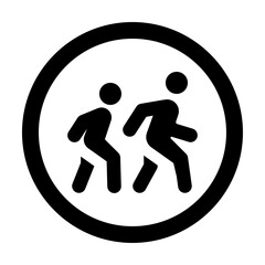 Illustration of a pedestrian crossing sign featuring two stylized figures walking within a circular border design