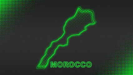 Neon Green Morocco Map Outline Futuristic Digital Glow Halftone Illustration