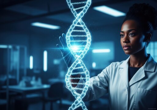 black female geneticist in lab coat analyzes glowing dna hologram. concept of futuristic medicine, genetic research, and healthcare innovation. science banner.